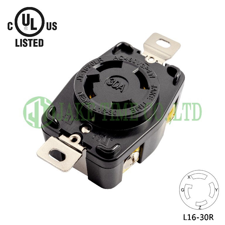 NEMA L16-30R Locking Type Receptacle, 3Ø 480V AC/30A Current Rating, with PC Body