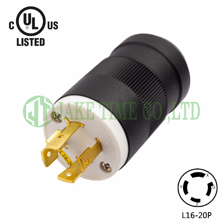 NEMA L16-20P Locking Type Plug, get UL/cUL Approved, 3Ø/4W, 480V AC/20A Current Rating, with PC Body